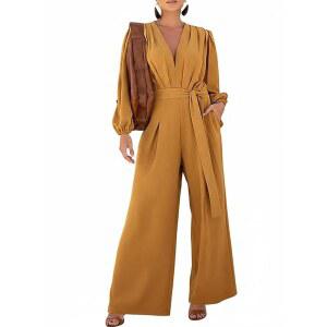 CHICME 여성 우아한 롱 퍼프 슬리브 점프수트 딥 브이 넥 타이 허리 캐주얼 와이드 레그 팬츠 로퍼 포켓 포함