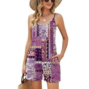 로몬 여성 캐주얼 여름 민소매 롬퍼 루즈 조절 가능한 스파게티 스트랩 신축성 반바지 점프슈트 주머니 포함