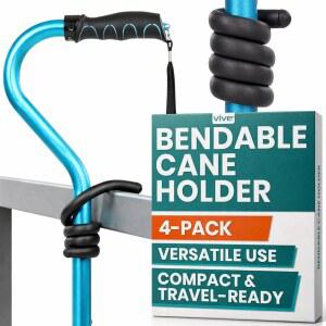 바이브 벤더블 지팡이 홀더 4팩 - 테이블용 유연한 보행 스틱 스탠드 워커, 롤레이터, 모빌리티 스쿠터, 휠체어 액세서리에 부착하여 손이 닿는 곳에 물건을 걸어 보관할 수 있는 고정 그래버 후크