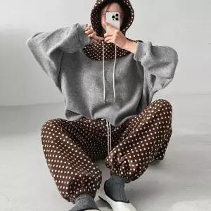 [옷자락]여자 러블리 도트 후드 바라클라바 박시 조거팬츠 세트