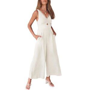 안라베스 여성 점프슈트 여름 린넨 와이드 레그 민소매 브이넥 캐주얼 드레시 롬퍼스 팬츠 2026 봄 휴가 의상