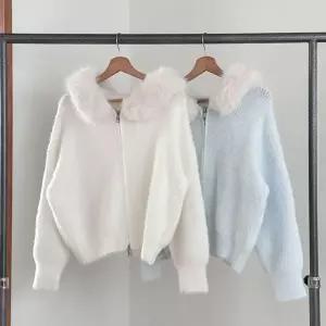 [옷자락]여성용 헤어리 후드 집업 가디건 투웨이 니트 자켓