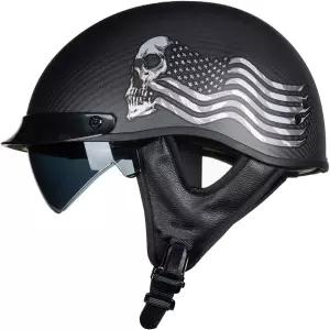 VCOROS 탄소 섬유 오픈 페이스 레트로 오토바이 헬멧 남성 하프 크루저 초퍼 모프 스쿠터 ATV 플래그 스컬