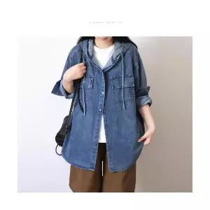 EAMT 여성 올가을 후드 데님 셔츠 빅사이즈 오피스룩 슬림핏 캐주얼 카디건 YJ3