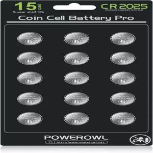 POWEROWL 대용량 CR2025 배터리 15팩 2025 3V 리튬 10년간 누수 없음