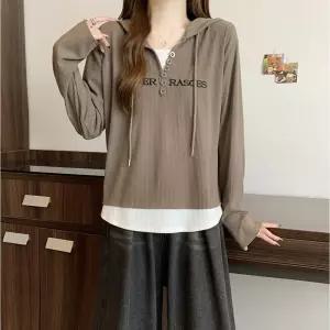 여성 흰색 투피스 맨투맨 긴팔티 상의 브이넥 감성 루즈핏 후드 휴가 봄가을 후드티 CH3