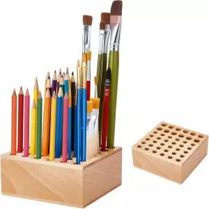 트윙클몬 비치우드 페인트 브러시 홀더 42홀 보관 정리함 메이크업 펜 및 미술 도구용 나무 블록 연필