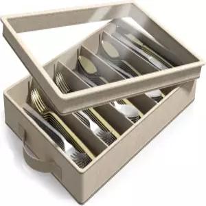 소버스 식기 및 보관 - 정리용 패브릭 상자 은식기 투명 뚜껑과 조절 가능한 칸막이가 있는 용기