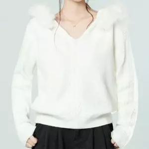 [패션시그널]유니크 퍼후드 브이넥 꽈배기 니트 E280D7