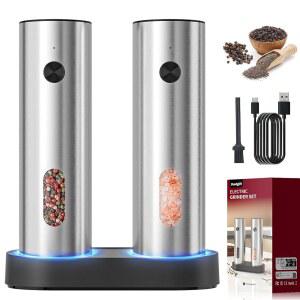 전기 소금 및 후추 그라인더 세트: USB 충전 베이스, 조절 가능한 거칠기, 110ml 대용량, 주방용 스테인리스 스틸 자동 충전식 쉐이커