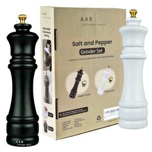 원목 흑백, 수동 리필 가능한 대형 소금 및 후추 그라인더 세트, 맞춤형 거칠기를 위한 조절 세라믹 분쇄 메커니즘이 있는 셰이커, 8인치 대형, 2팩