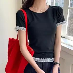 레이스코디 여성 프릴 레이스 반팔 티셔츠 라운드넥 반소매