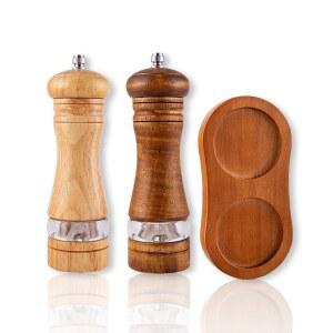 ZOMNACO 2팩 나무 소금 및 후추 그라인더 세트 - 아크릴 창과 조절 가능한 세라믹 그라인더가 있는 6.7인치 수동 밀, 트레이가 리필 그라인딩