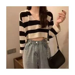 여친 니트 브이넥 봄가을 숏탑 핫걸 롱루즈핏티 크롭 스트라이프 하이웨스트 루즈핏 긴팔티 CH3