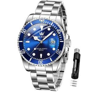 eAj 남성용 OLEVS 럭셔리 시계 빅페이스 스테인리스 스틸 비즈니스 드레스 아날로그 쿼츠 시계, 데이 방수 야광 남성 손목시계 포함