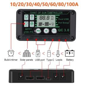 20/30/40/50/60/80/100A 태양열 충전 컨트롤러 MPPT 12V 24V 듀얼 USB 자동 전지 패널 레귤레이터