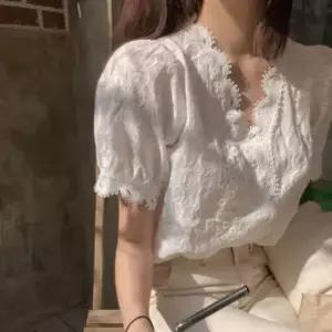 [SBD] 여름 물결 레이스 여성 반팔 블라우스 얇은 퍼프소매