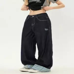 2컬러 체크배색 와이드 스트릿 데님팬츠 롤업 청바지