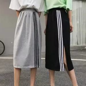 캐주얼 스커트 앞트임 배색라인 허리밴딩 미디스커