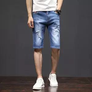 바지 남성용 일자핏 청반바지 숏 스판 슬림핏 찢청 5부 ST1