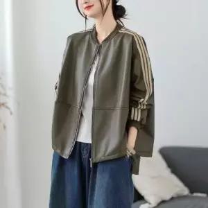 여자 가을 캐주얼 가죽 칼라 차이나 긴팔 배색 톱 코트 재킷 OP3