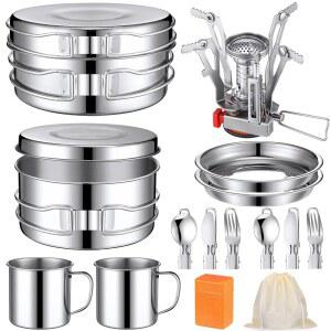 Funnymoom 15개 캠프 요리 세트 스테인리스 스틸 캠핑 조리기구 엉망 키트 냄비와 스토브 2개 컵 접시 포크 나이프 스푼 배낭 야외 피크닉용