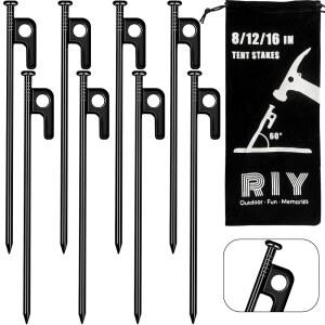 RIIY 텐트 스테이킹 헤비 듀티 캠핑용 8인치 금속 말뚝, 유연하지 않고 부러지지 않는-8 PCS
