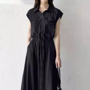 더블 포켓 세미 민소매 카라 허리 스트랩 롱 원피스