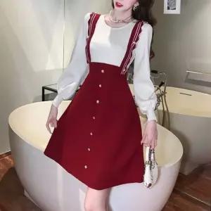 배색프릴 레이어드 스타일 플레어라인 니트 원피스