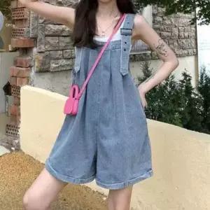 여유로운 와이드핏 멜빵 바지 데님 버클 스트랩