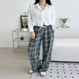 데일리09여자 찰랑 쿨소재 체크 핀턱 와이드 밴딩 팬