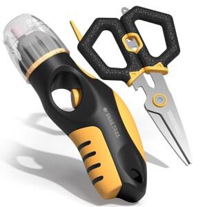 스네일 트레일 낚싯줄 스트리퍼 & 6인치 가위 키트, 내장 전기 후크 샤프너, 휴대용 물고기 땋은 줄 제거 및 풀림 도구, 릴 장비, 남성용 벗김 장치 제거하기