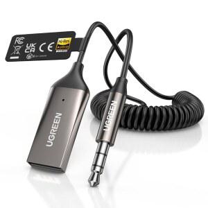 eAj UGREEN Aux to Bluetooth 6.0 자동차 어댑터(LDAC 포함), 3.5mm Aux 어댑터 내장 마이크, 스피커 및 홈 오디오와 호환되는 핸즈프리 통화용 자동차 블루투스 오디오 수신기