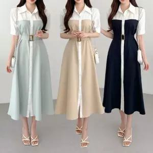 여성 클래식 배색 벨트 셔츠 원피스 LED-250144