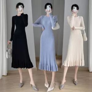 여성 슬림 골지 플레어 니트 롱 원피스 LED-250199