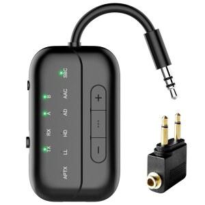eAj 2026년 업그레이드된 Pro Bluetooth 5.4 송신기 수신기, 비행, TV, PC, 체육관, 스위치용 2-in-1 비행기 무선 어댑터, 에어팟/헤드폰 2대와 호환, 자동차/홈 스테레오용 오디오 AUX 수신기
