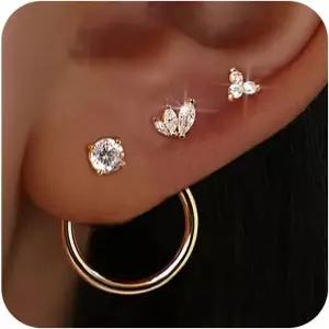 여성용 골드 스터드 귀걸이 세트 3쌍 재킷 포스트 스택 저자극성 14K 다인 다이아몬드 연골 트렌디 패션