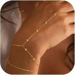 여성용 데콜리 핸드 체인 팔찌 - 14K 리얼 골드 도금 다인티 스태커블 페이퍼클립 링크 링 트렌디