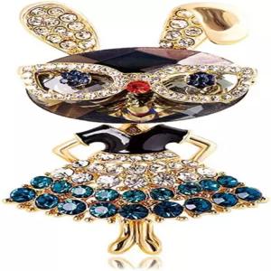 여성 라인스톤 레이디 래빗 브로치 핀 금도금 크리스탈 토끼 동물 라펠 앙증맞은 귀여운 졸업식 딸 교사