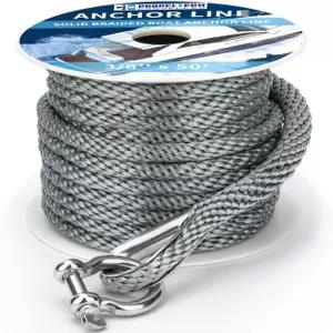 보트 앵커 로프 3/8인치 50피트 프리미엄 솔리드 브레이드 나일론 MFP 스테인리스 스틸 골무 및 섀클