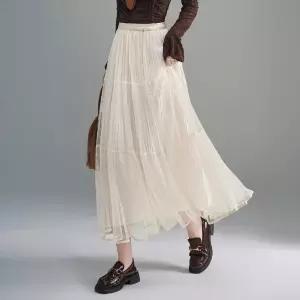 여성 치마 망사 가을 데일리 플리츠 양면 쉬폰 펄 슬림핏 스포M3