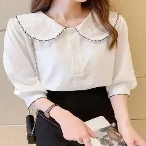 [옷은날개] 여성 2컬러 봄 여름 러블리 물결 빅카라 쉬폰블라우스