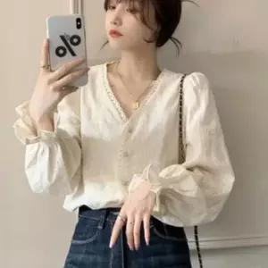 [옷은날개] 러블리 스타일 여성 프릴 퍼프 소매 브이넥 블라우스