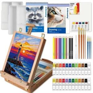 아트브라이징 혼합 미디어 아트 세트, 테이블탑 스케치 박스 이젤 및 다양한 액세서리가 포함된 55팩 페인팅 용품 키트, 학생 예술가 초보자를 위한 완전한 페인팅 세트