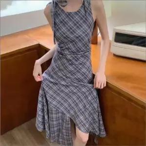 여성 체크패턴 민소매 나시 롱원피스 언발 플레어