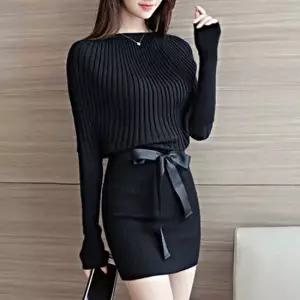 리본끈 골지 니트 미니원피스 슬림핏 패션 데일리룩