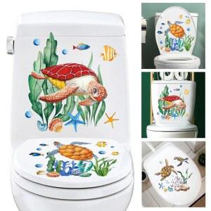 3PCS 카툰 자가 변기 접착 거북이 해초 오션 인어 수채화 산호 뚜껑 애니멀 스티커