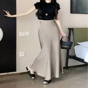 여자 새틴 느낌 허리 밴딩 페미닌 플레어 롱스커트 3