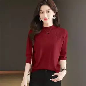 가을 여성티셔츠 펀칭 레이스 탑 칠부소매 풀오버 티셔츠 반폴라 얇은 스타일 OOTD3