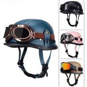 가죽 헬멧 레트로 반모 M 바이크 블랙 고글